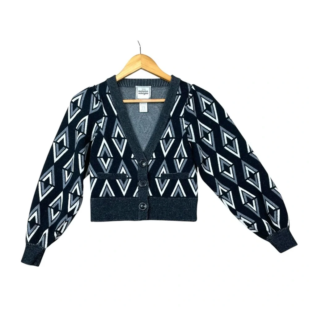 Autumn Adeigbo Sweater Cardigan Anabella Geometric 100% Wool Size S Italy EUC